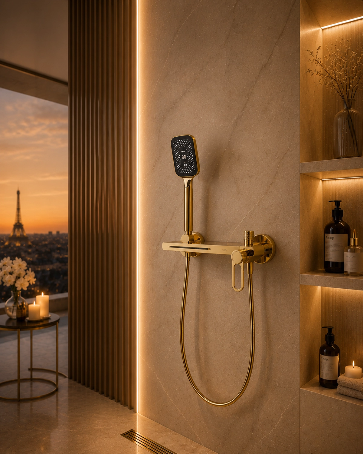 Détail mitigeur de bain mural doré Lüda